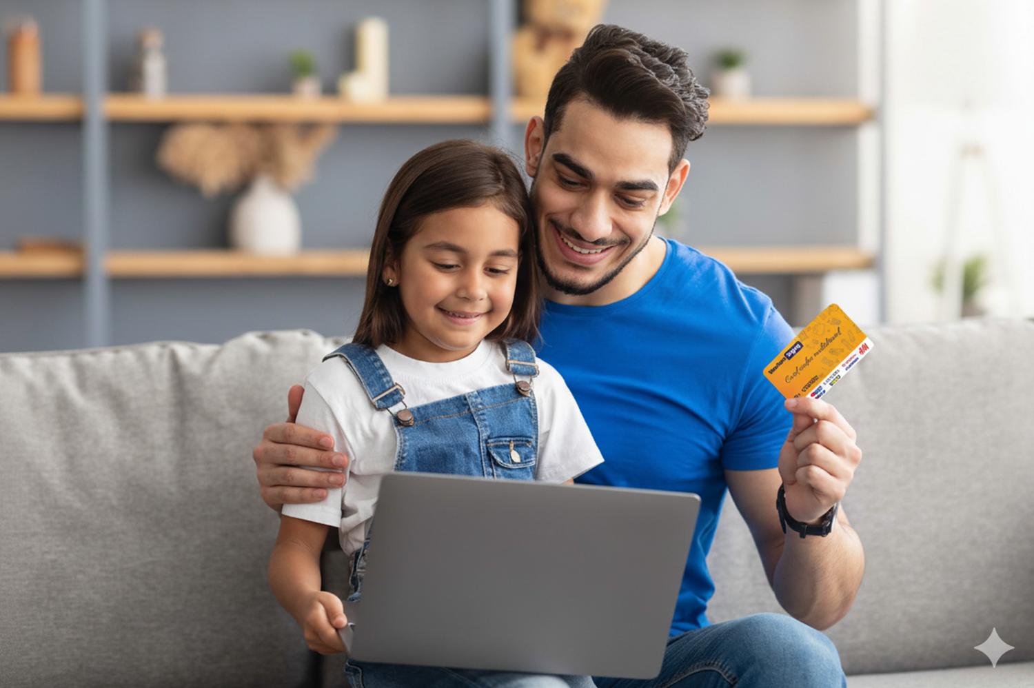 O fetiță alături de tatăl ei, în fața laptoului, tatăl ținând un Card Cadou Multibrand Vouchers Depot.